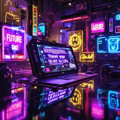 The primary subject of the image is a laptop computer sitting on a desk. The setting is a futuristic room with a purple neon glow, giving the room a unique and vibrant atmosphere. The visual style appears to be a combination of digital art and illustration, creating a visually striking scene. The dominant colors in the image are purple and pink, which contribute to the futuristic and surreal ambiance of the room.